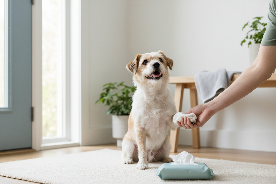 Small dog having its paws wiped in a clean, bright entryway with grooming essentials nearby.