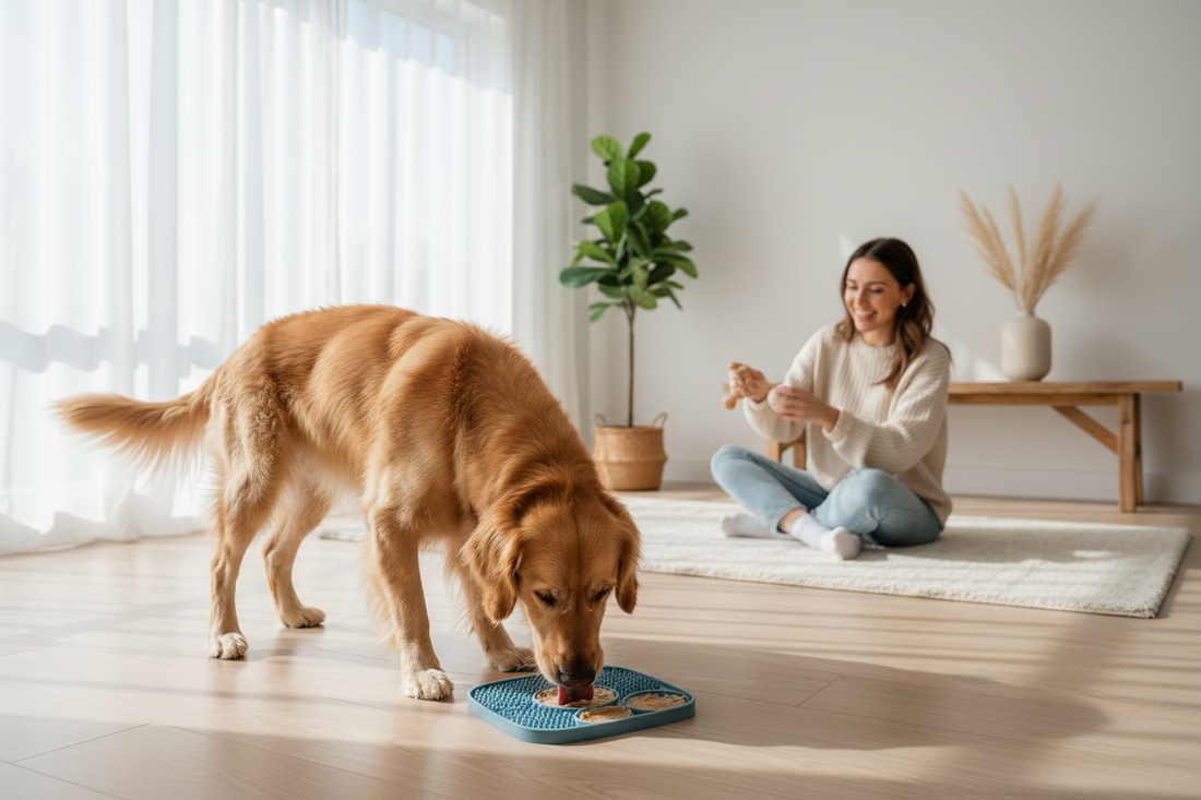 Dog calmly using a lick mat in a bright, minimal home setting.