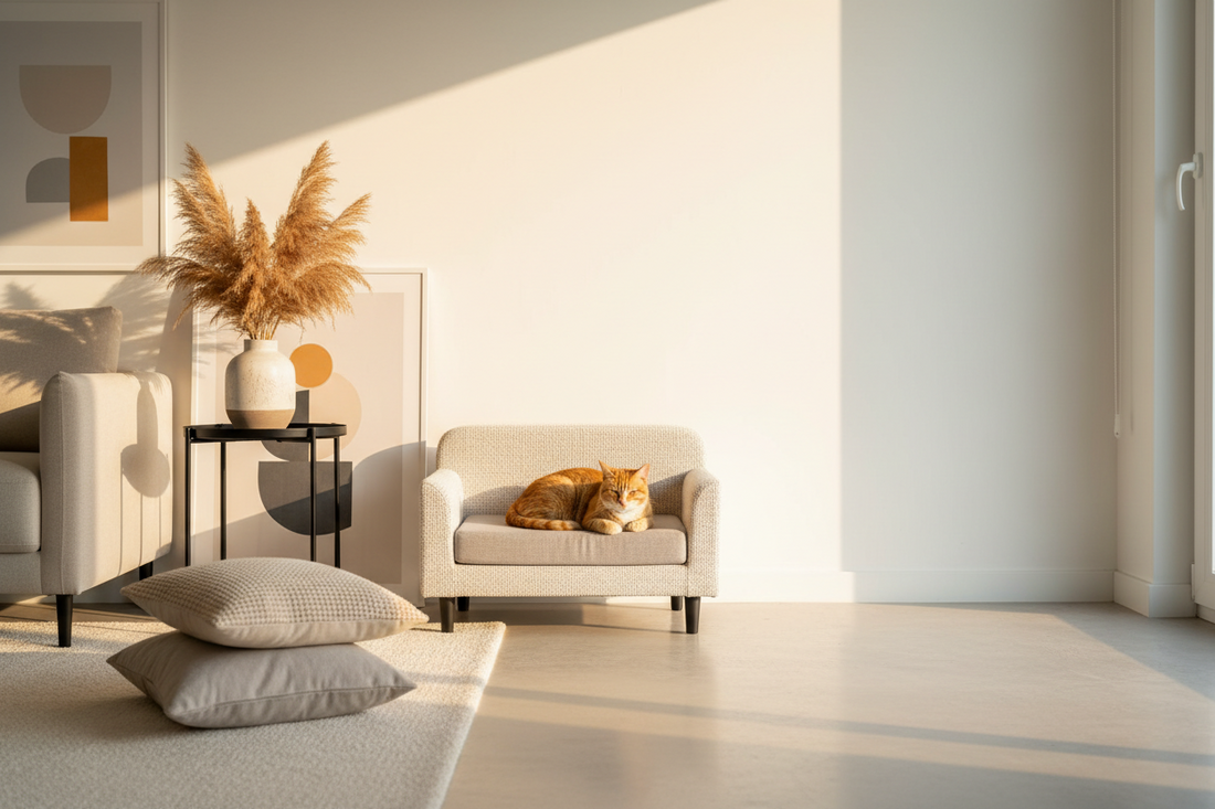 Cat relaxing on a stylish neutral pet sofa in a bright, modern living room.