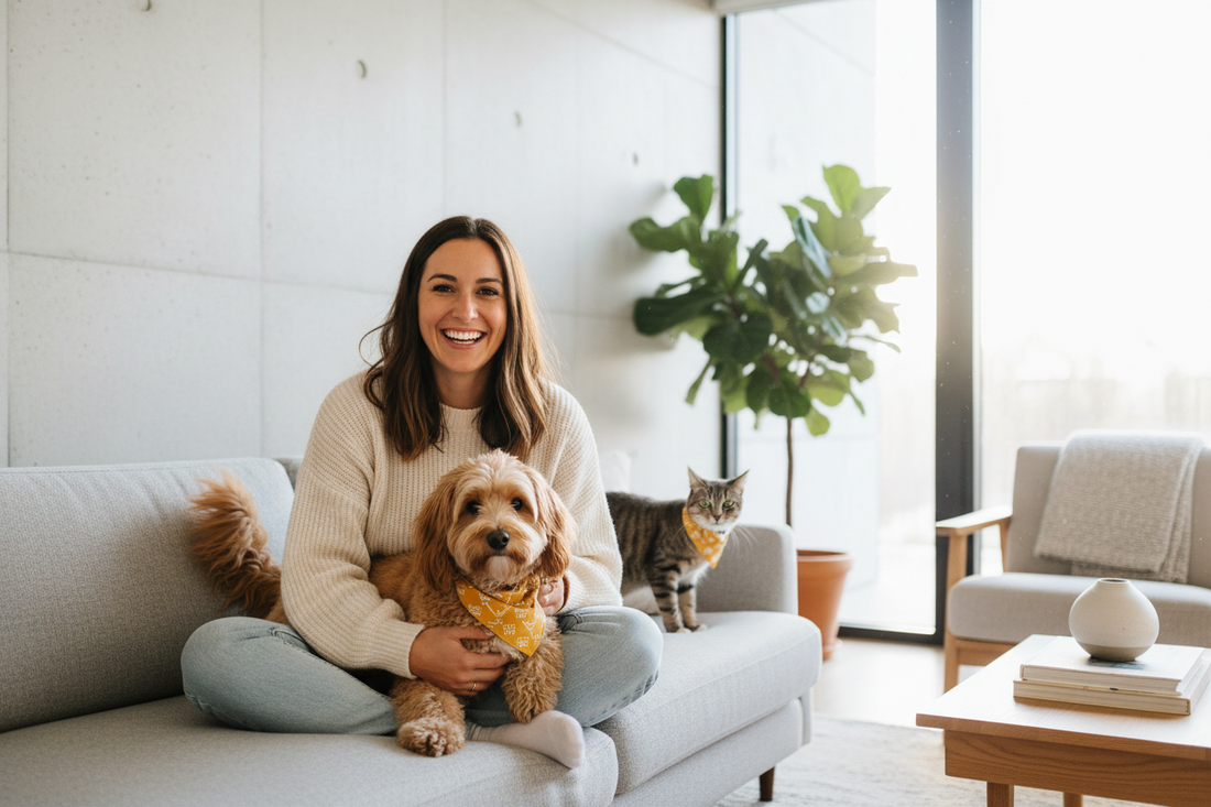 Person and small dog wearing matching bandanas with a cat cameo in a bright, minimal lifestyle scene.