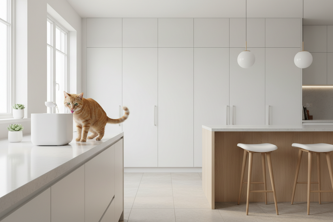Cat drinking from a clean water fountain in a bright, minimal kitchen setting.