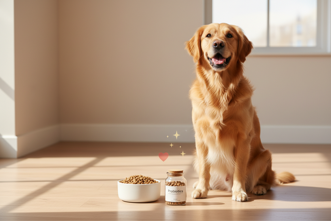 Happy dog beside a probiotic jar and food bowl in a bright, minimal wellness scene.
