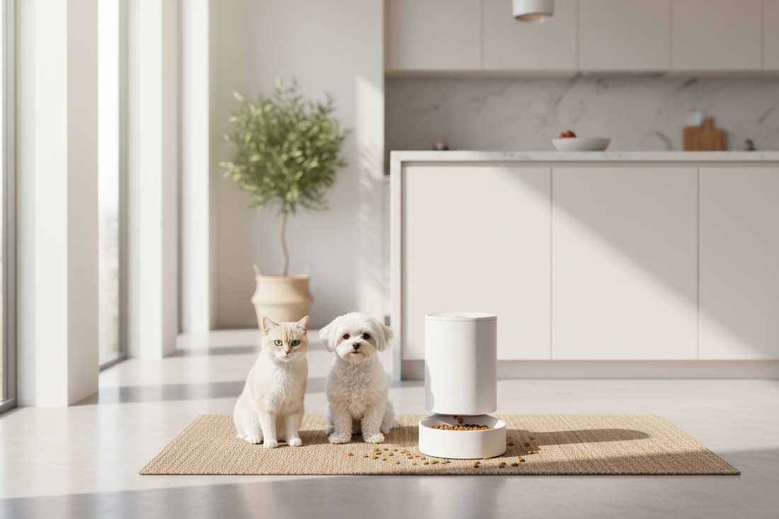 Cat and small dog sitting near a modern automatic feeder in a bright, clean kitchen.