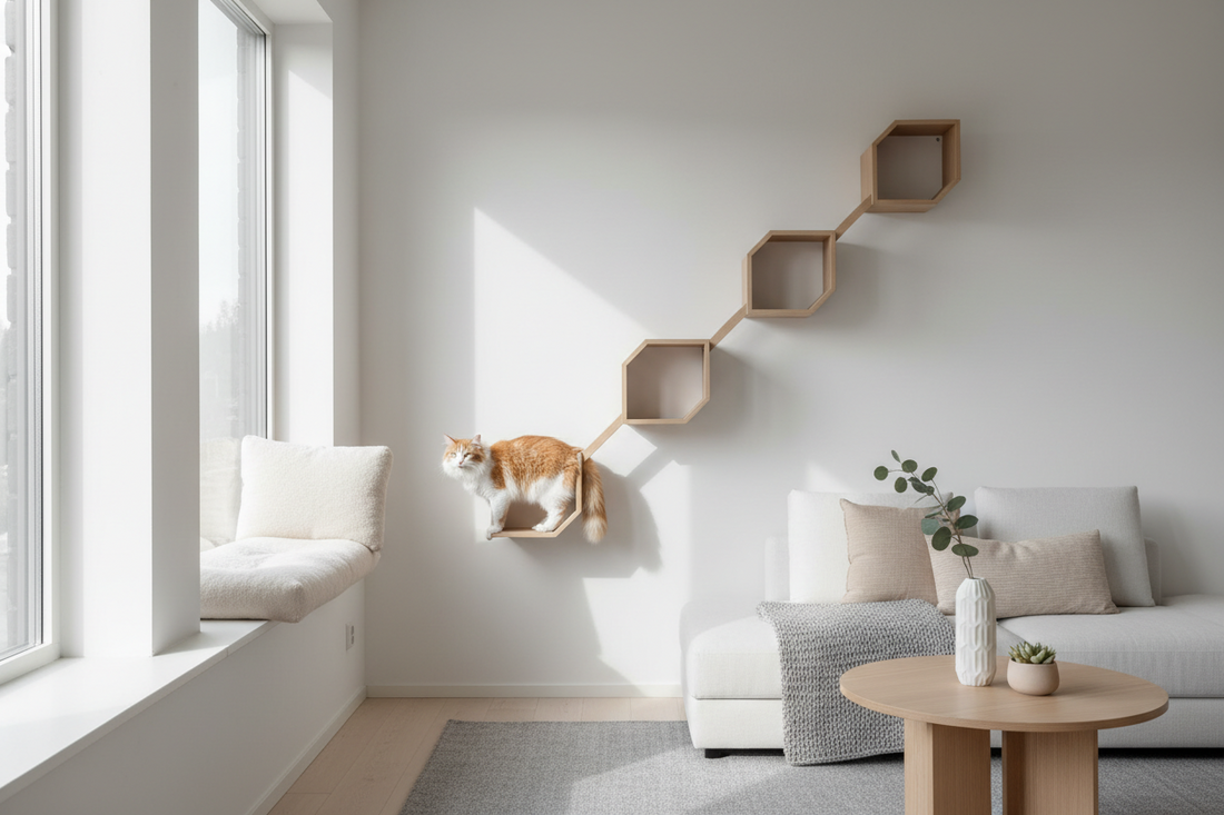 Cat climbing modern wall shelves with a window perch in a bright, minimal living room.