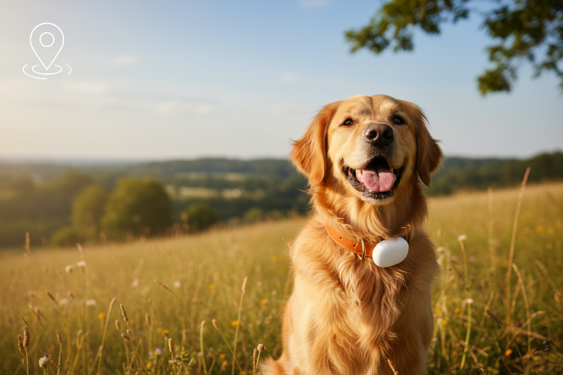 Golden retriever outdoors wearing a collar with a small tracker and a subtle map pin overlay.
