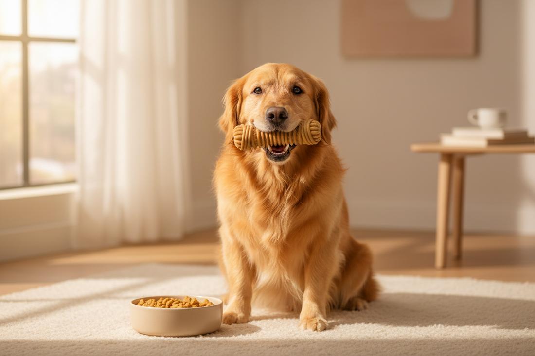 Dog holding a dental chew beside a bowl of treats in warm, minimal lighting.