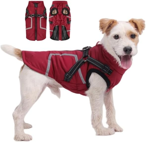 Warm Dog Coat Reflective Jacket, Waterproof Winter Coat for Dogs Turtleneck Dog Clothes for Cold Weather (Red, M(Chest:15.7-17.3",Neck:(14.5"))