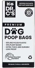 Certified 65% PCR (Post Consumer Recycled) Plastic and 35% Plant Based Dog Poop Bags - Dr. C's ONE OF A KIND Dog Poop Bags - 120 Bags / 8 Rolls, NO NEW PLASTICS USED, Unscented, Earth Friendly