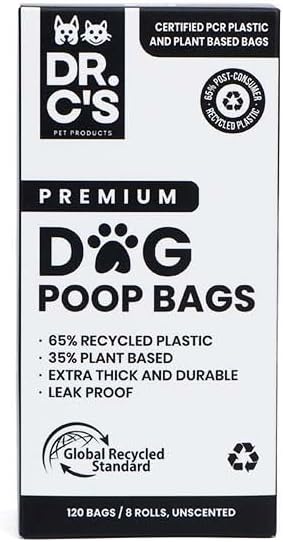 Certified 65% PCR (Post Consumer Recycled) Plastic and 35% Plant Based Dog Poop Bags - Dr. C's ONE OF A KIND Dog Poop Bags - 120 Bags / 8 Rolls, NO NEW PLASTICS USED, Unscented, Earth Friendly