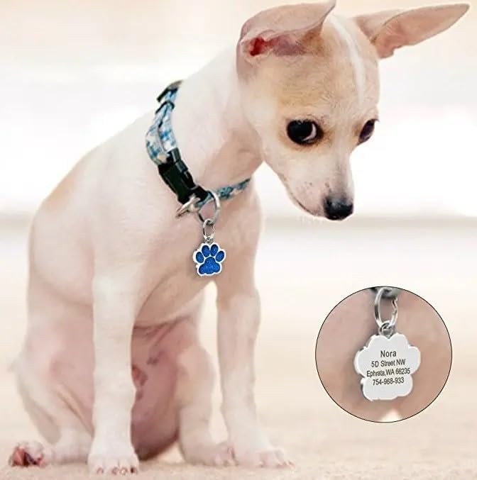 Cute Personalized Pet Name Tags for Cats/Dogs - Glitter Custom pet id tag, Dog id Tags Engraved for Pets, Customizable cat tag, pet Collar Charms, Dog Name tag (Paw-Shaped-Small: Gold)