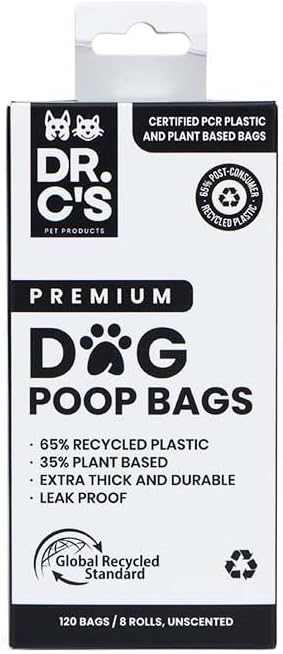 Certified 65% PCR (Post Consumer Recycled) Plastic and 35% Plant Based Dog Poop Bags - Dr. C's ONE OF A KIND Dog Poop Bags - 120 Bags / 8 Rolls, NO NEW PLASTICS USED, Unscented, Earth Friendly