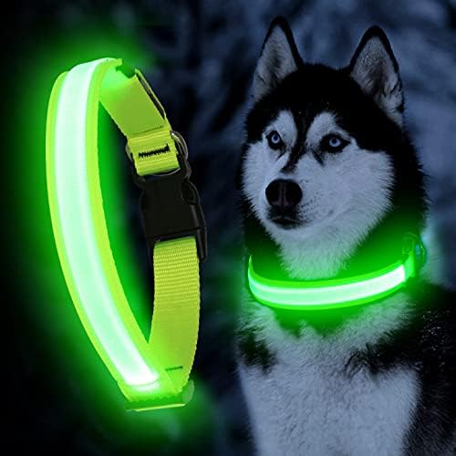 YFbrite Ultra Light Adjustable LED Dog Collar, Light up Dog Collars Rechargeable Glowing in The Dark Collars Visiblity & Safety for Small, Medium, Large Dogs (Green, Small)