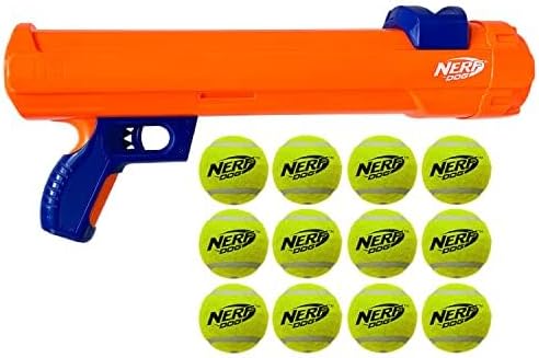 Nerf Dog Tennis Ball Blaster Dog Toy Gift Set, Launches up to 75 ft, for All Breeds Includes Orange Ball Launcher and 12 Dog Tennis Balls