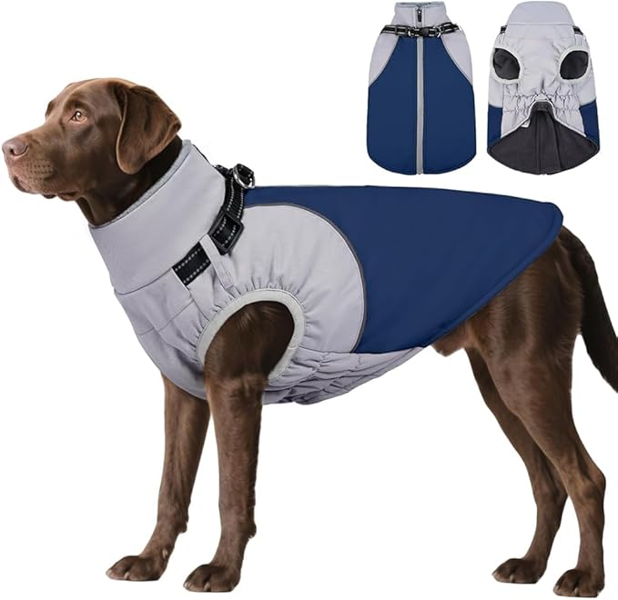 DENTRUN Dog Coat with Harness Built in, Easy On/Off Zipper Closure Winter Dog Vest, Water-Repellent Fleece Lined Warm Jacket with Reflective for Medium Dogs, Dark Blue, L