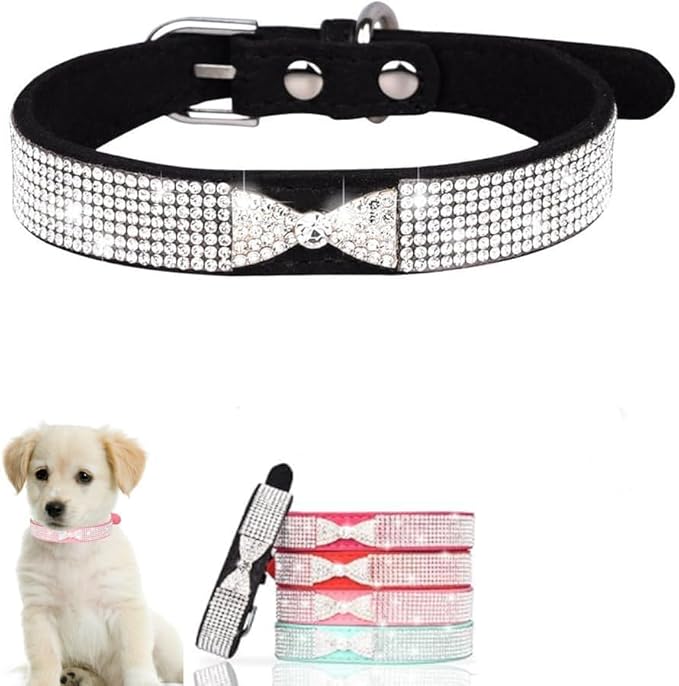 Serijoars Small Dog Collar with Rhinestone Crystal Diamond Colorful Bling Girl Puppy Cat Collars (M, Black3)