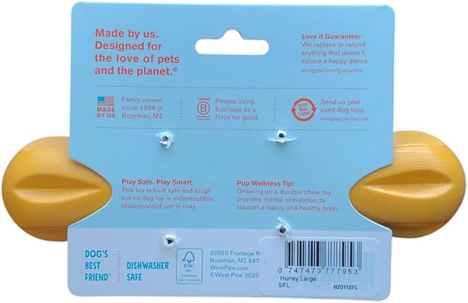 WEST PAW Hurley Dog Bone Chew Toy for Tough Chewers- Safe and Durable Fetch and Chew Toy for Dogs- Dishwasher Safe, Lightweight, Floatable, Made in USA - for Small Dogs - Sunflower Yellow, Large