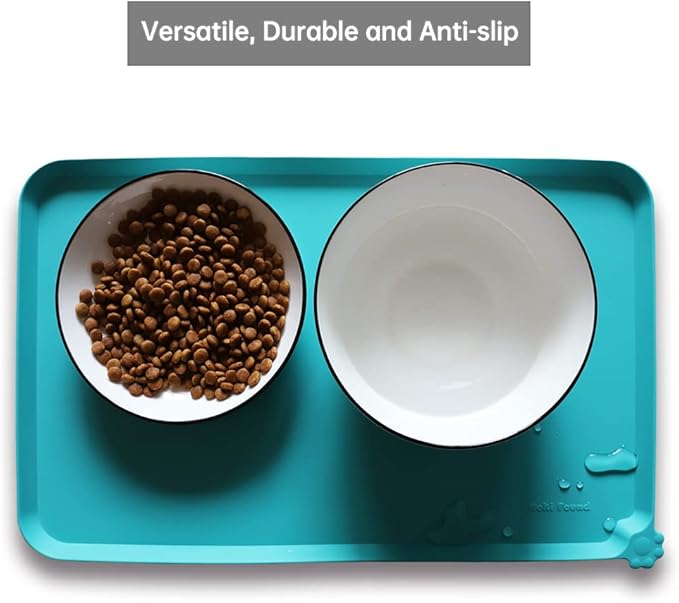 Hoki Found Silicone Non Slip Pet Feeding Mats - Dog Cat Bowl Placemats - Waterproof Food Mats for Floors - Teal