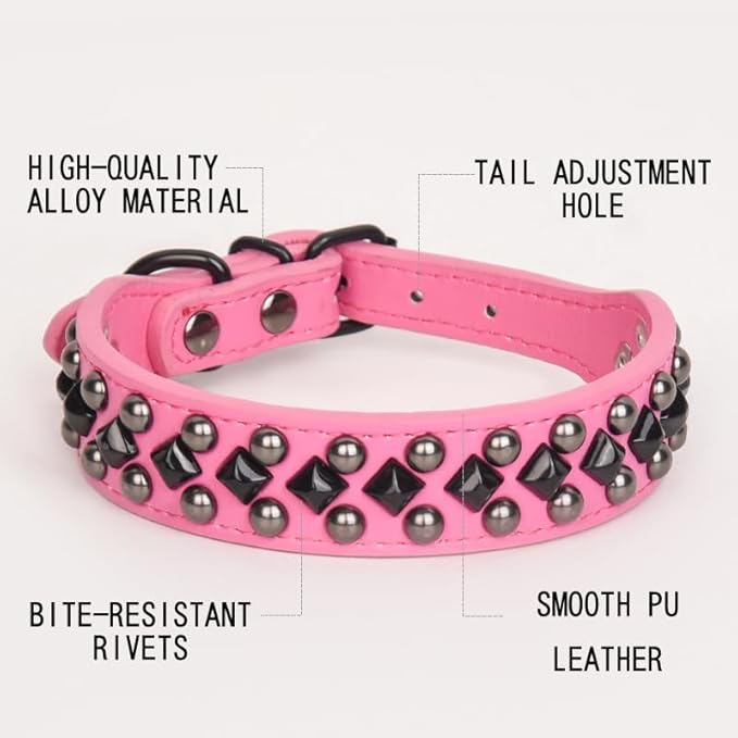 Serijoars Spiked Studded PU Leather Dog Collar for Small, Medium, Large Breeds, Pit Bull, Bully, Husky, Terrier, Adjustable (Pink, XL (45-52CM))