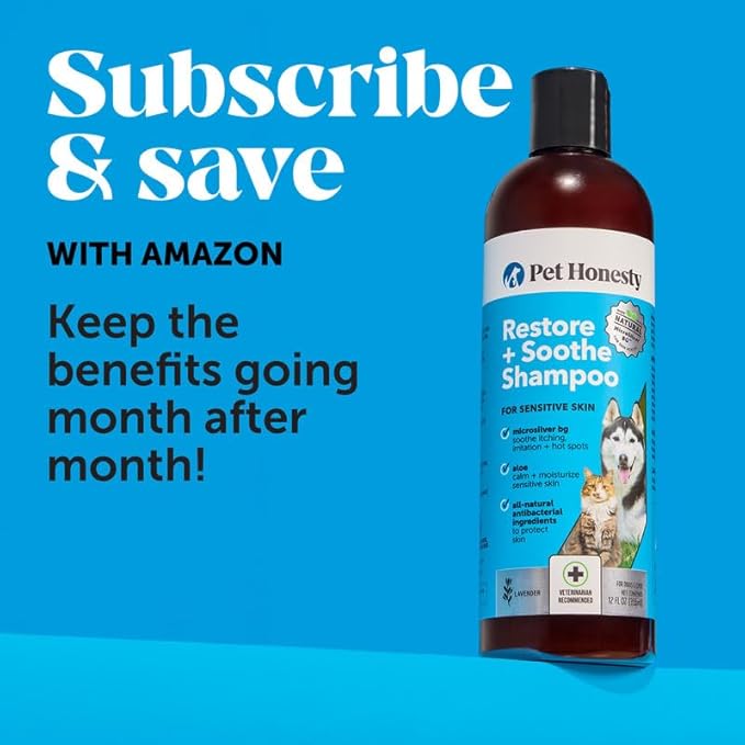 Pet Honesty Restore + Soothe Shampoo for Sensitive Skin for Dogs & Cats - Dog Skin and Coat Supplement - Soothes Itching, Irritation and Hot Spots (Lavender) - 12oz