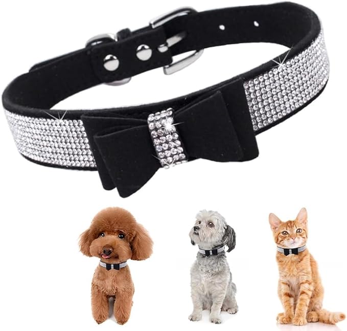 Serijoars Small Dog Collar with Rhinestone Crystal Diamond Colorful Bling Girl Puppy Cat Collars (S, Black1)