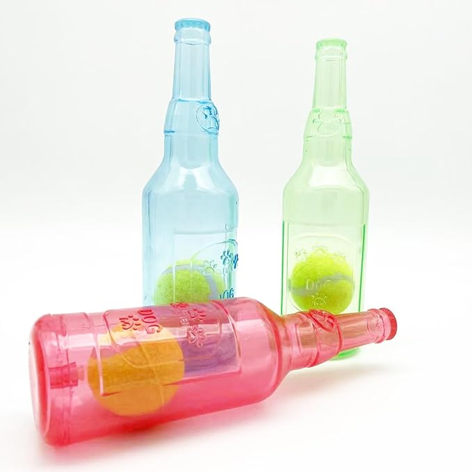 Wine Bottle Dog Toy, Fun Interactive Cute Squeaky Dog Toys with Tennis Ball Inside, Ideal for Large/Medium/Small Dogs to Fetch Games and Bonding Time, Not for Heavy Chewers, Medium-Blue