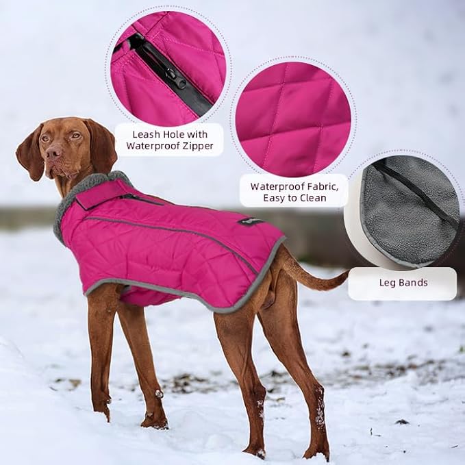Fragralley Dog Coat Large, Waterproof Dog Jacket with Warm Fleece Lining, Adjustable Reflective Dogs Winter Coat, Turtleneck Pet Coats for Cold Weather (Rose Pink XXL)
