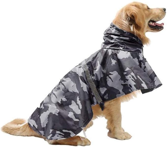 Mikayoo Large Dog Camouflage Raincoat Ajustable Pet Waterproof Clothes Lightweight Rain Jacket Poncho Hoodies with Strip Reflective(Gray XXL)