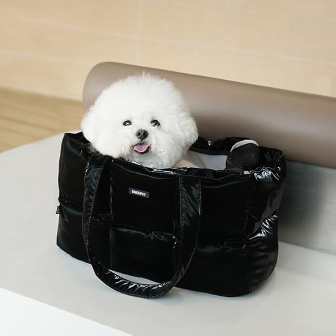Small Dog Carrier Purse & Cat Tote Bag, Soft-Sided Handbag with Safety Strap, Breathable Mesh, Comfort Carry & Plush Cotton Interior, Lightweight Pet Travel Carrier for Daily Adventures (Black)
