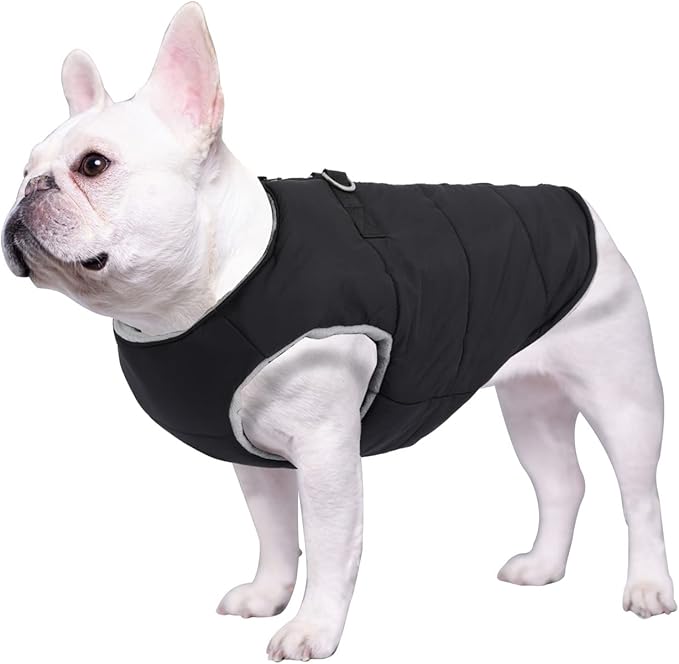 Geyecete Dog Bulldog Clothes Dog Cotton Padded Coat Thick Winter Warm Vest Waistcoat Cold Weather Jacket Clothing for French Bulldog Coat-Black-S