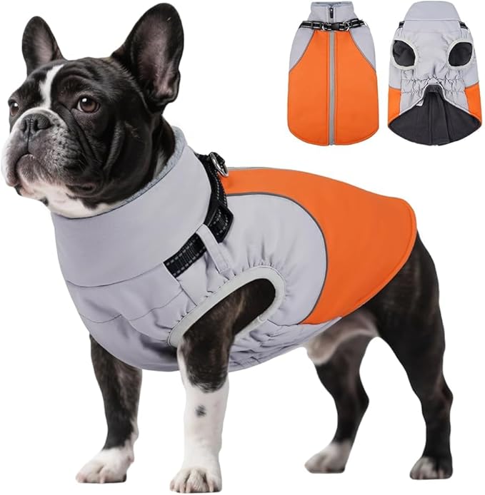 DENTRUN Dog Coat with Harness Built in, Windproof Water-Repellent Winter Dog Jacket with Reflective Strips & Fleece Lined, Plush Turtle Neck for Small Dogs, Orange, XS