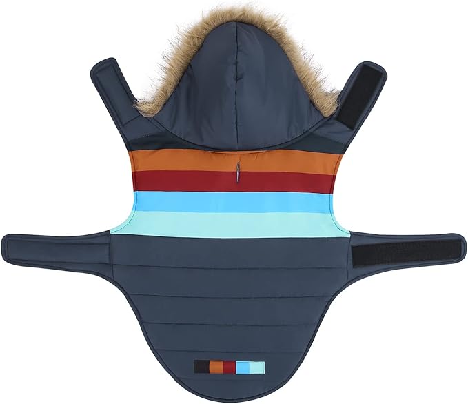 HDE Dog Puffer Jacket Fleece Lined Warm Dog Parka Winter Coat with Harness Hole Navy Retro Stripe - S