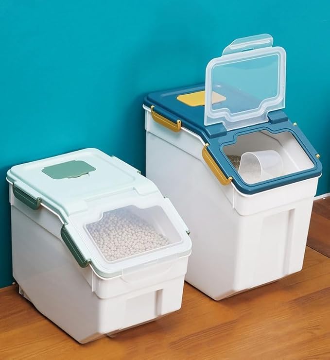 Large Flour Storage Container Bin 25lb, 4 Pack Airtight Rice Storage Containers with Wheels Seal Locking Lid, BPA Free, with Measuring Cup |Scoop, for Flour, Rice, Grain, Dry Food - Green