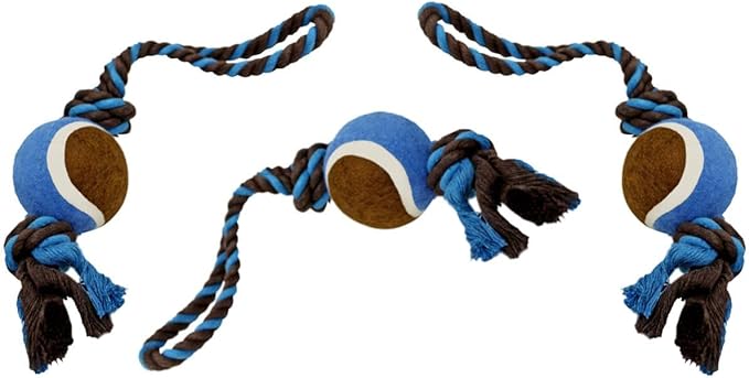 Dog Rope Toy with Tennis Ball, Nylon Rope with Balls, Fun Tug of War Toy for Dogs, Tough Dog Toy for Aggressive Chewers, Eskimo, Terrier, Beagle & More (3 Set Rope Dog Toy Blue Ball)