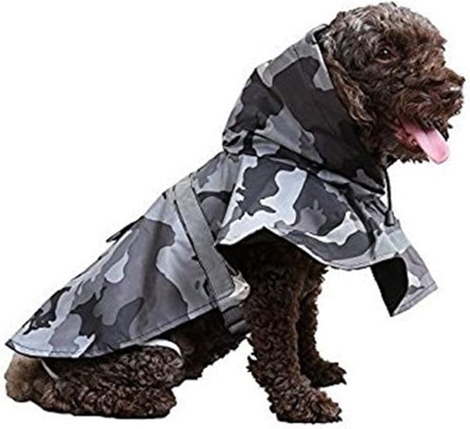 Mikayoo Large Dog Camouflage Raincoat Ajustable Pet Waterproof Clothes Lightweight Rain Jacket Poncho Hoodies with Strip Reflective(Gray XXL)