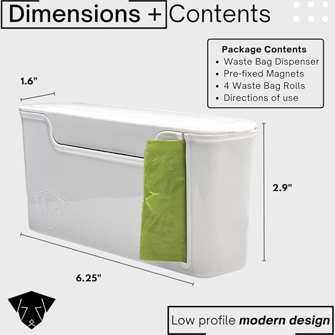 Dog Poop Bag Dispenser - Magnetic Mount - Indoor/Outdoor - Wall Mount - Waste Bag Dispenser - Magnet - Screw-on - Storage - Container + 60 Waste Bags (Storm White)