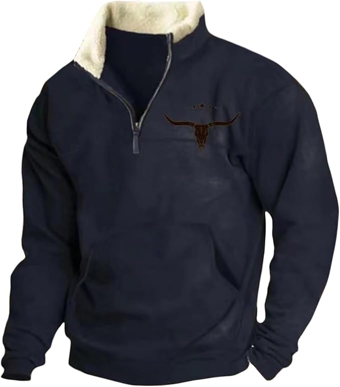 HOTYD Western Jackets for Men Cowboy Sweatshirts Vintage Ethnic Graphic Casual Long Sleeve Top 1/4 Zip Pullover Hoodies