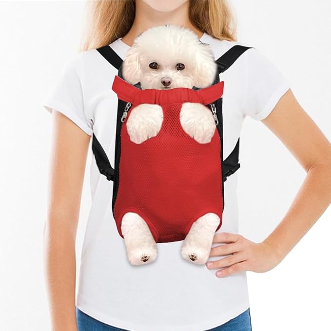 FEimaX Dog Carrier Backpack Pet Legs Out Front Cat Travel Bag, Adjustable Puppy Backpacks Carriers Hands-Free for Small Medium Dogs Cats Hiking Traveling Camping Daily Walking (Medium, Red)