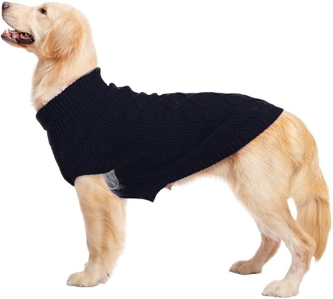 Mihachi Turtleneck Dog Sweater - Winter Coat Apparel Classic Cable Knit Clothes with Leash Hole for Cold Weather, Ideal Gift for Pet in New Year Navy Blue ML
