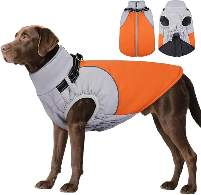 DENTRUN Dog Coat with Harness Built in, Extra Large Water-Repellent Dog Jacket, Turtleneck Windproof Reflective Strips for Great Dane, Orange, XXXL