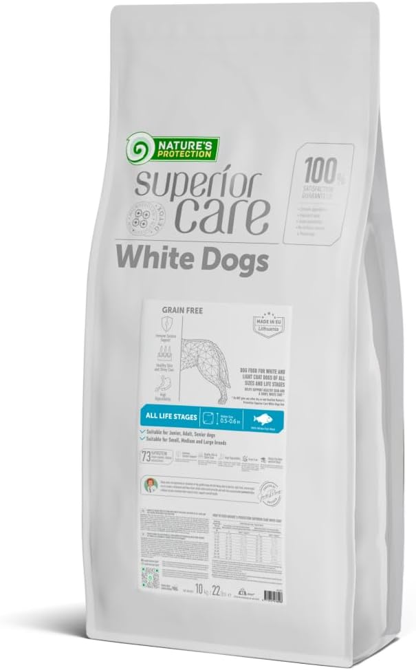 Nature's Protection Dry Dog Food for Puppy & Adult - High Protein, Grain Free Tear Stain Formula - Dog Kibble for Small, Medium & Large Breed with Light Coat (Superior Care - White Fish, 22 lb)