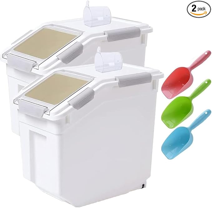 Large Flour Storage Container 25lb, 2 Pack BPA FREE Plastic Airtight Rice Storage Bin Pantry and Kitchen Food Organization, Barrel Measuring Cup and Airtight Lid for Sugar [Grey ]
