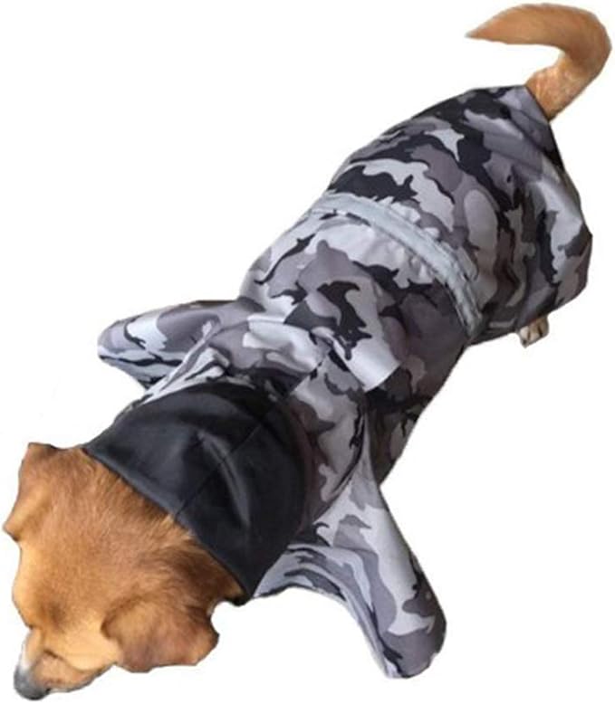 Mikayoo Large Dog Camouflage Raincoat Ajustable Pet Waterproof Clothes Lightweight Rain Jacket Poncho Hoodies with Strip Reflective(Gray M)