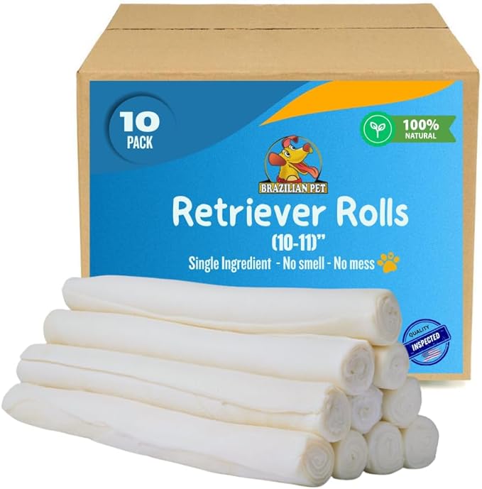Brazilian Pet All Natural Treats Rawhide Retriever Beefhide Rolls Dog Chews Bones, Single Ingredient - Long Lasting Chew 10-11" (10 Count)