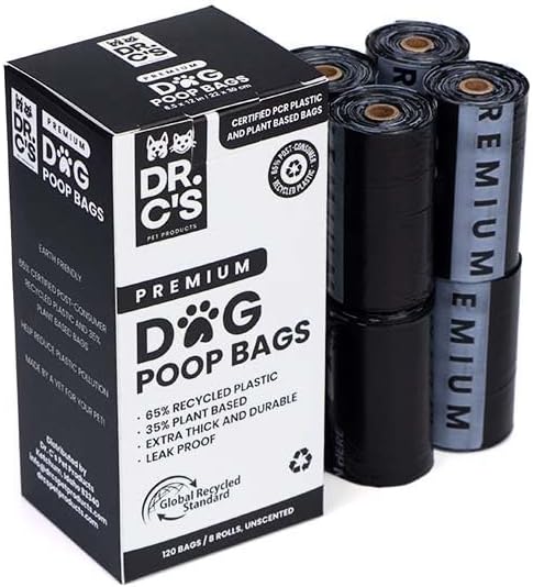 Certified 65% PCR (Post Consumer Recycled) Plastic and 35% Plant Based Dog Poop Bags - Dr. C's ONE OF A KIND Dog Poop Bags - 120 Bags / 8 Rolls, NO NEW PLASTICS USED, Unscented, Earth Friendly