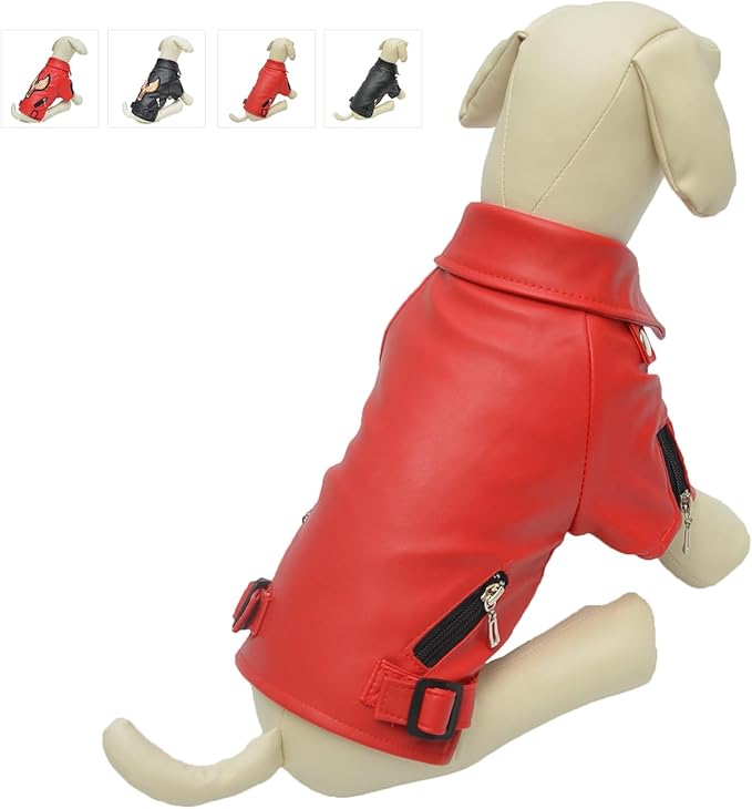 Lovelonglong Cool Dog Leather Jacket, Warm Coats Dogs Windproof Cold Weather Coats for Large Medium Small Dogs, Toy Poodle Clothing Red XS