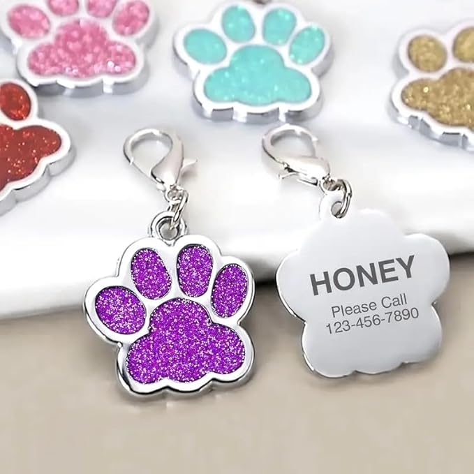 Cute Personalized Pet Name Tags for Cats/Dogs - Glitter Custom pet id tag, Dog id Tags Engraved for Pets, Customizable cat tag, pet Collar Charms, Dog Name tag (Paw-Shaped-Small: Gold)