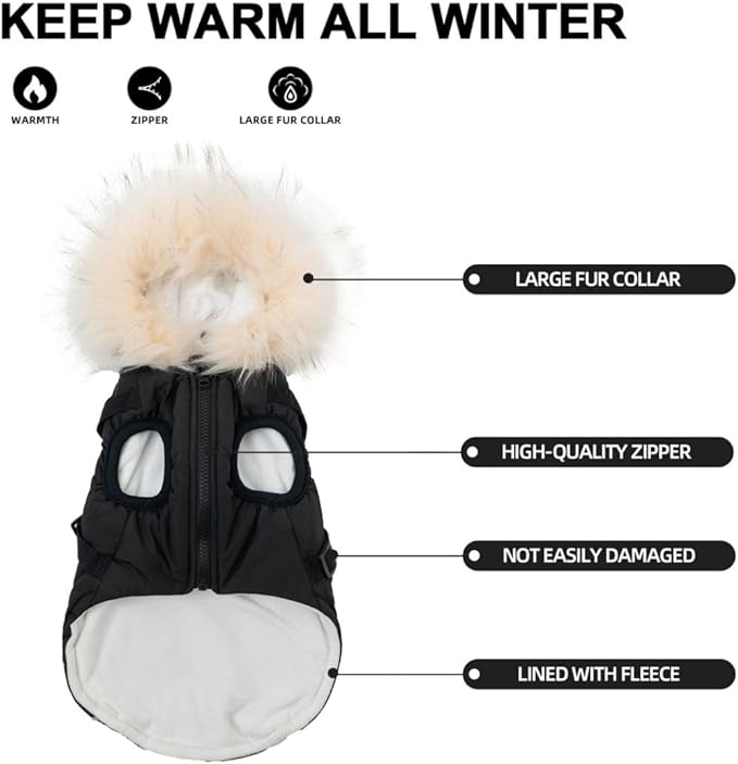 PINA Winter Coat with Waterproof Fabric, Faux Fur Hood, Reflective Strap for Small to Large Dogs, Black, S