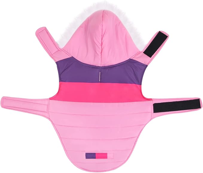 HDE Dog Puffer Jacket Fleece Lined Warm Dog Parka Winter Coat with Harness Hole Pink Stripe - S