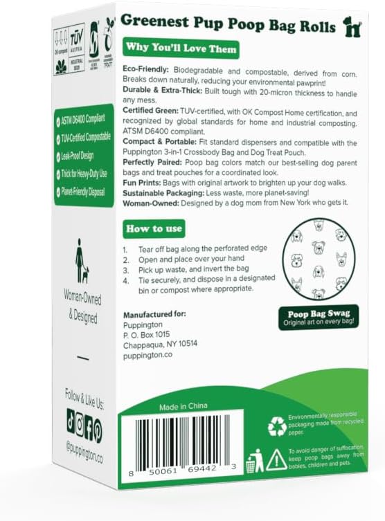 Puppington Certified Home Compostable Poop Bags - ASTM D6400 Compliant - 270 Extra Thick Bags - Plant Based - Pairs with Puppington 3-in-1 Bag & Fits all Standard Poop Bag Dispensers (Basil Green)