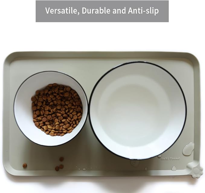 Hoki Found Silicone Pet Food Tray - Non Slip Pet Dog Cat Bowl Placemat - Feeding Mat - Waterproof Dog Cat Food Mats - For Carpet - Cream Green